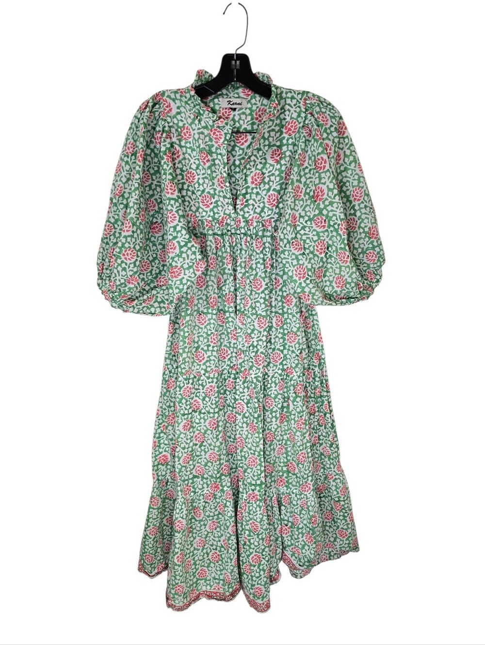 Karni Tiered Midi Dress Green Red Floral Cotton Women's Small Cottagecore